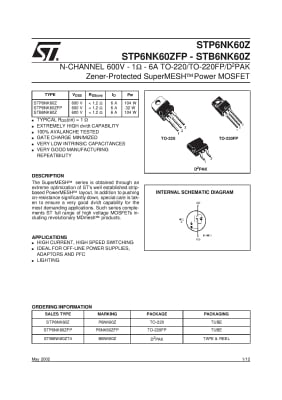 Транзистор STP6NK60ZFP  TO-220F