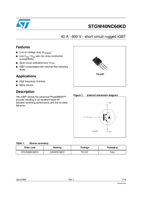 Транзистор IGBT STGW40NC60KD  STGW40NC60WG4  TO-247