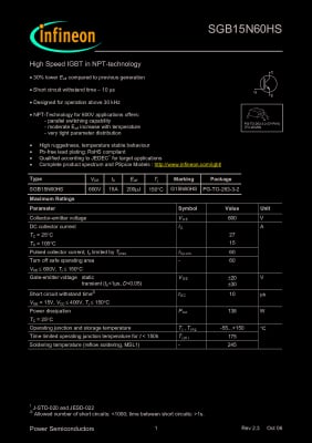 Транзистор IGBT SGB15N60HS TO-263-3