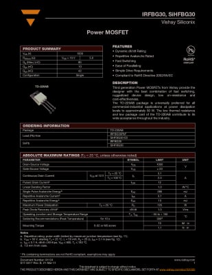 Транзистор IRFBG30 TO-220