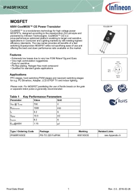 Транзистор IPA65R1K5CE TO-220F 65S1