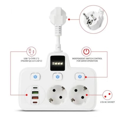 Разклонител  бял с 2 гнезда за зареждане с 2 USB и 2 тип C порта за зареждане, 2 X 220V