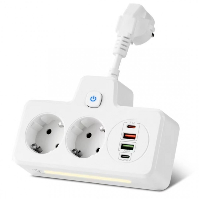 Разклонител  бял с 2 гнезда за зареждане с 2 USB и 2 тип C порта за зареждане, 2 X 220V