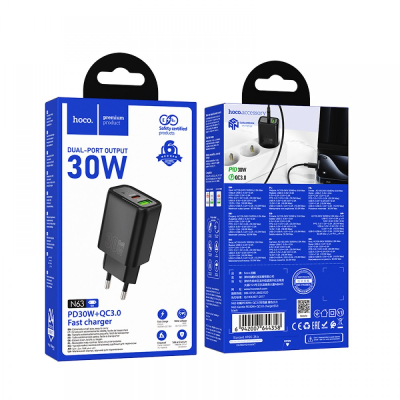 Адаптер черен с изхди   USB-C+USB PD30W+QC3.0 FAST CHARGER N63