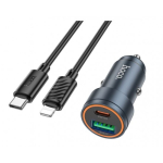 Зарядно за кола USB+USB-C PD30W + QC3.0 30W - Type-C към Lightning